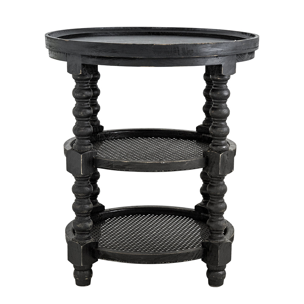 Black Wood Rattan 3-Tier Side Table