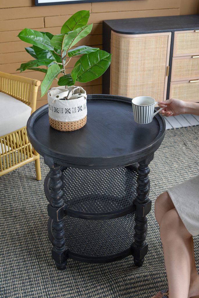 Black Wood Rattan 3-Tier Side Table