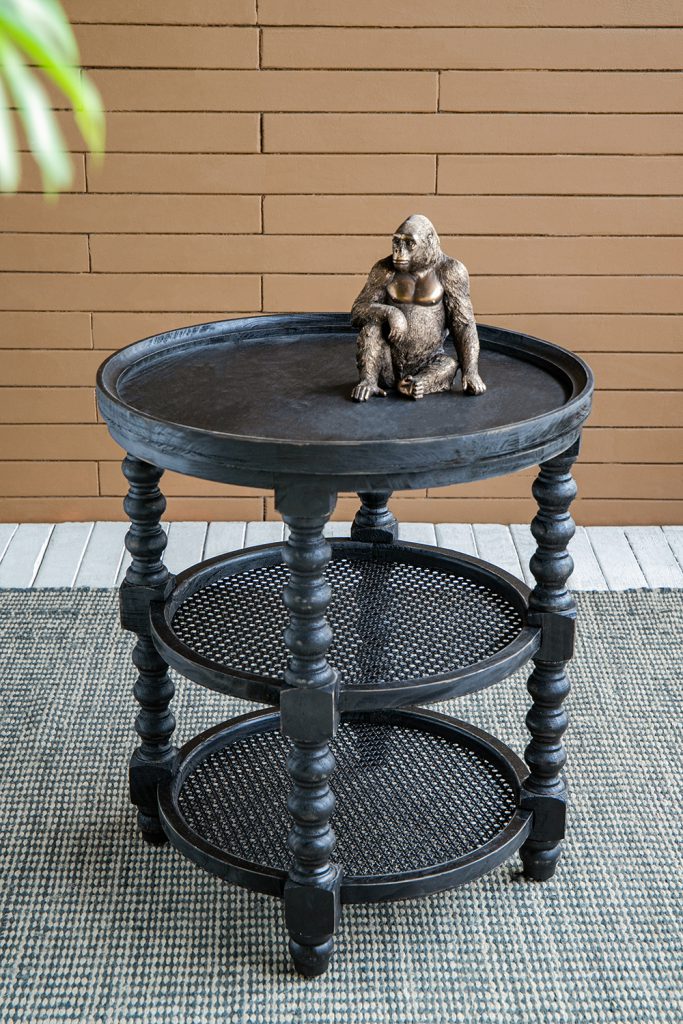 Black Wood Rattan 3-Tier Side Table