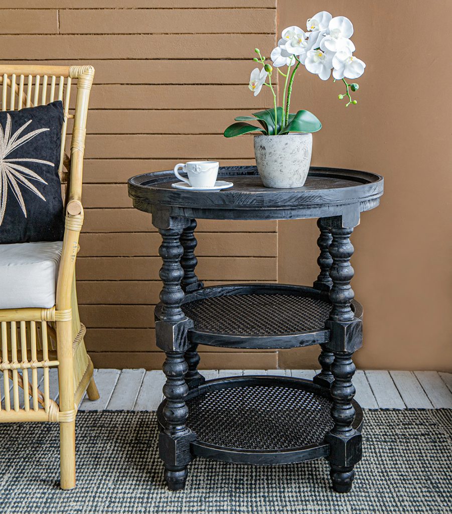 Black Wood Rattan 3-Tier Side Table