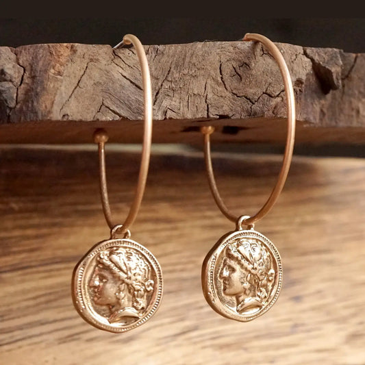 Boho Hoop Earrings with A Small Coin in Worn Gold