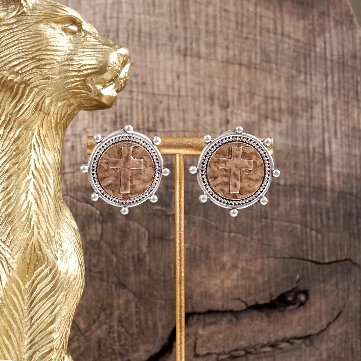 Divine Duo – Two-Tone Cross Coin Stud Earrings