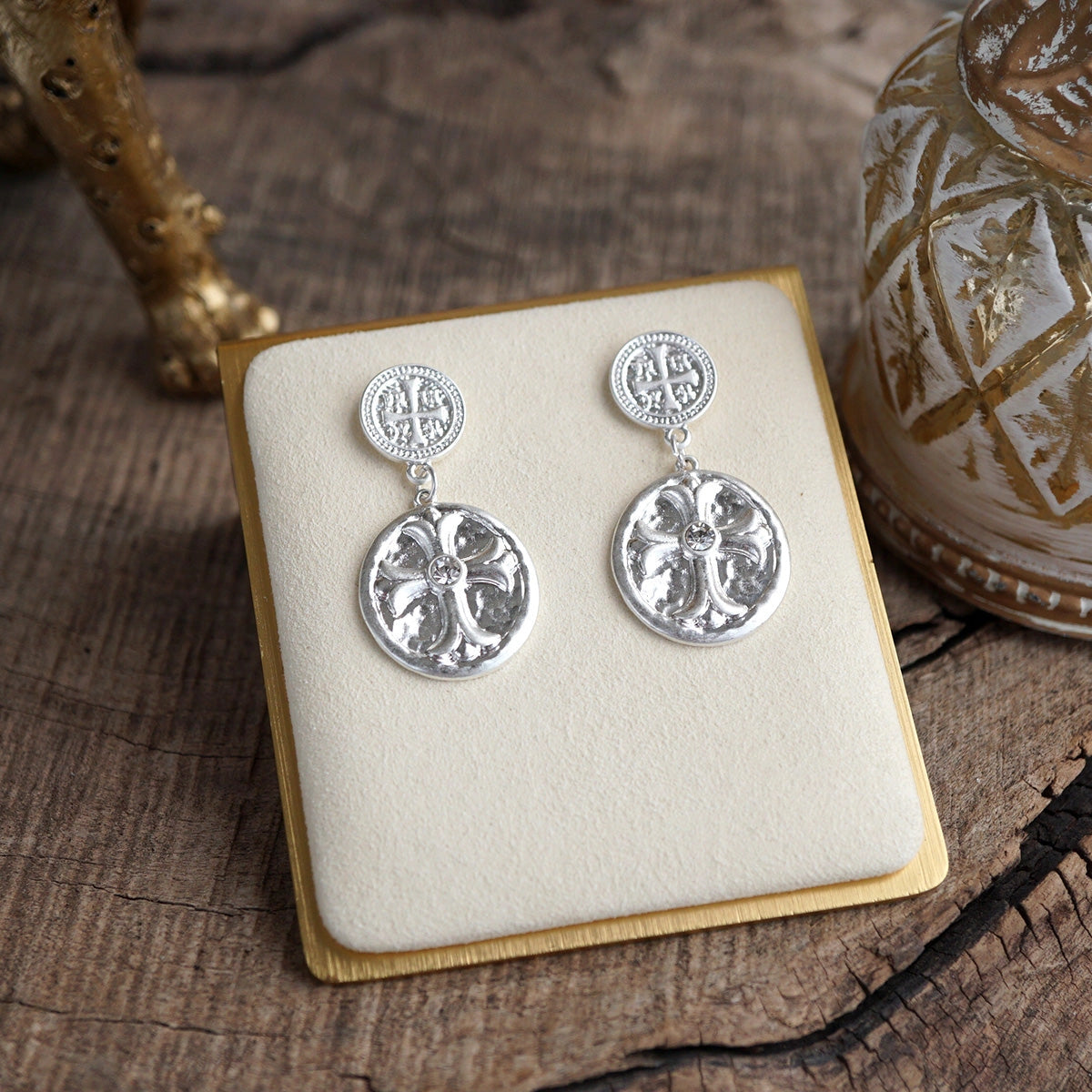 Faith & Relic – Cross Coin Dangle Earrings (Silver)