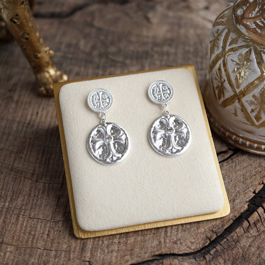 Faith & Relic – Cross Coin Dangle Earrings (Silver)