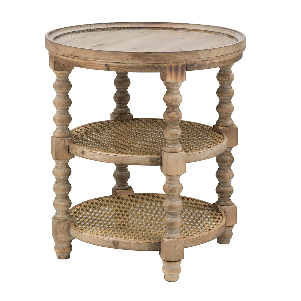 Natural Wood Rattan 3-Tier Side Table