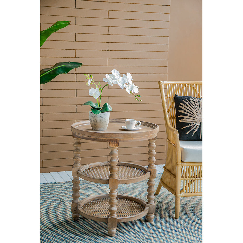 Natural Wood Rattan 3-Tier Side Table