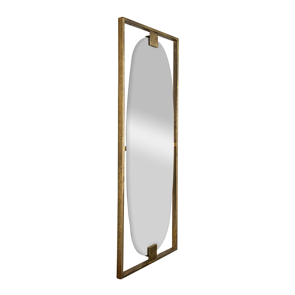 Oval Wall Mirror in Thin Rectangular Frame, Gold