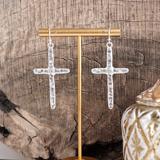 Quiet Devotion – Hammered Cross Crystal Drop Earrings