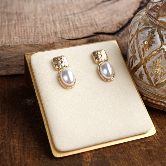 Quiet Gleam – Hammered Cabochon Stud Drop Earrings