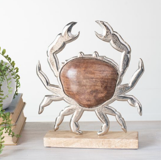 9" SILVER & WOOD CRAB ON WOOD BASE