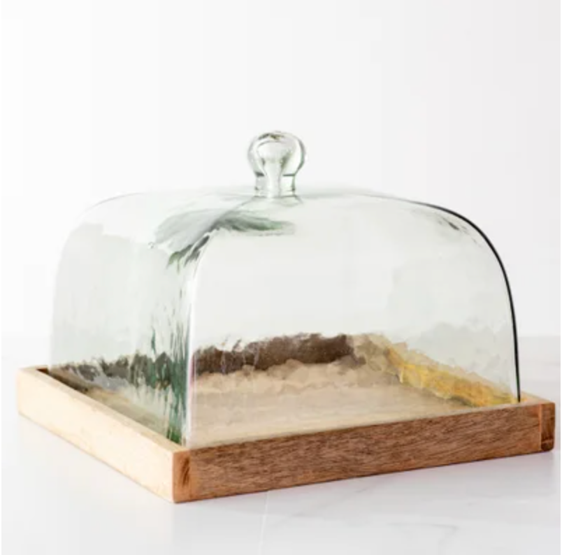 Glass Cake Cover with Wood Base