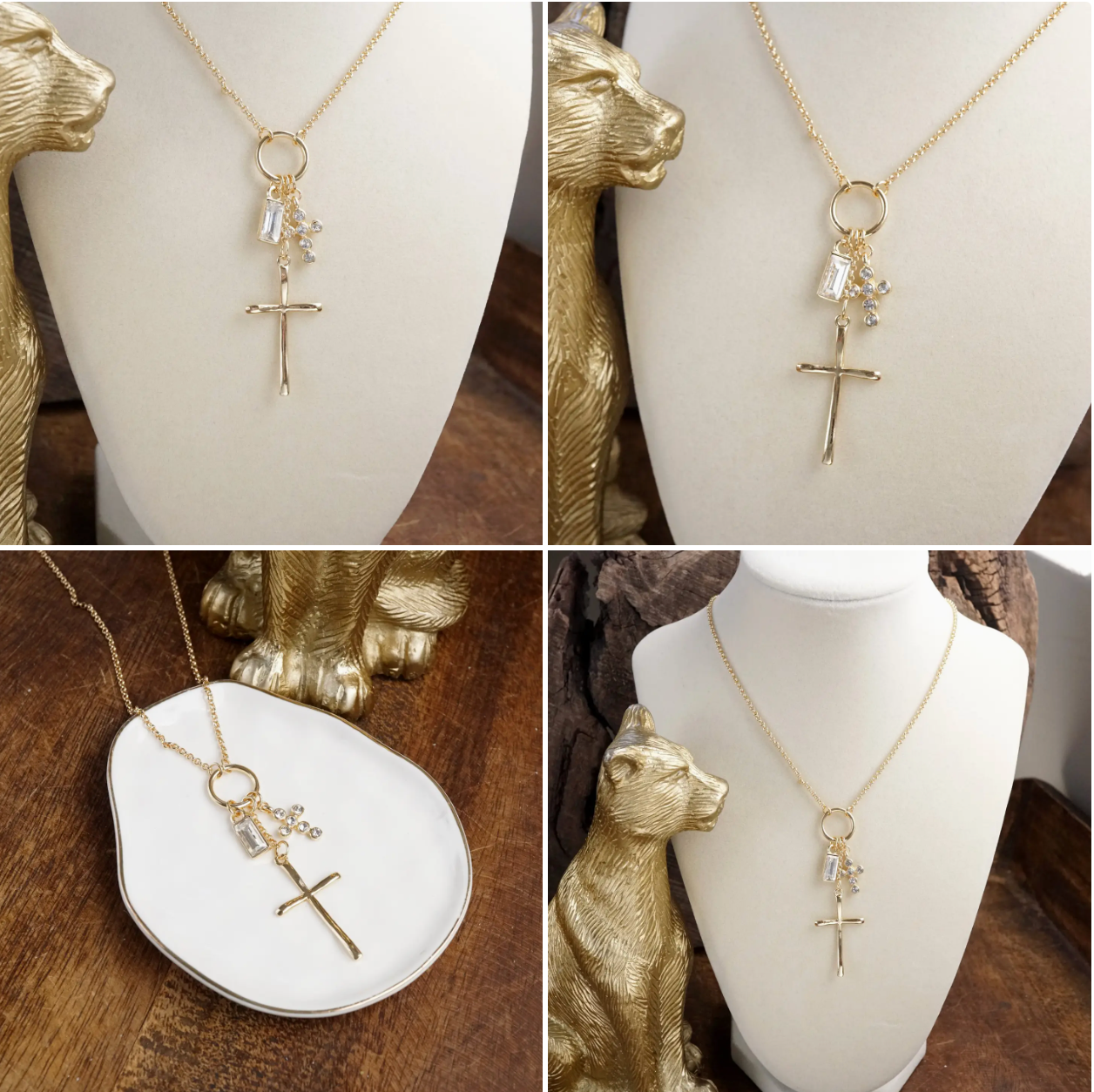 Dainty Cross Charm Cluster Necklace – Gold Tone