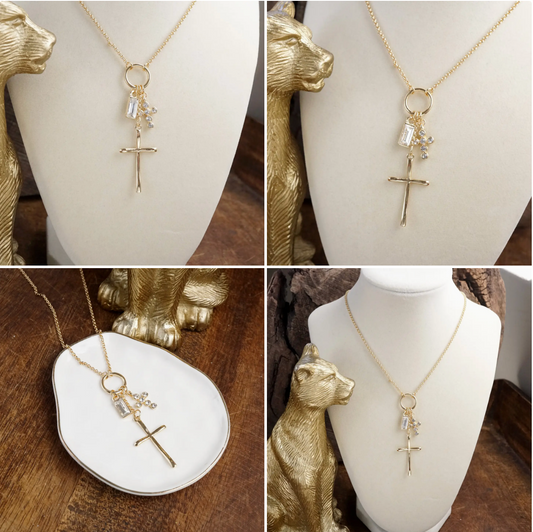 Dainty Cross Charm Cluster Necklace – Gold Tone