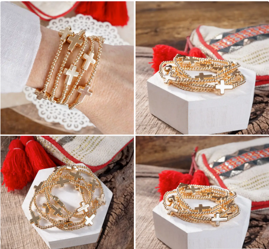 Gold Tone Sideways Cross Bracelet Set – Stretchy Ball Beads, Set of 5