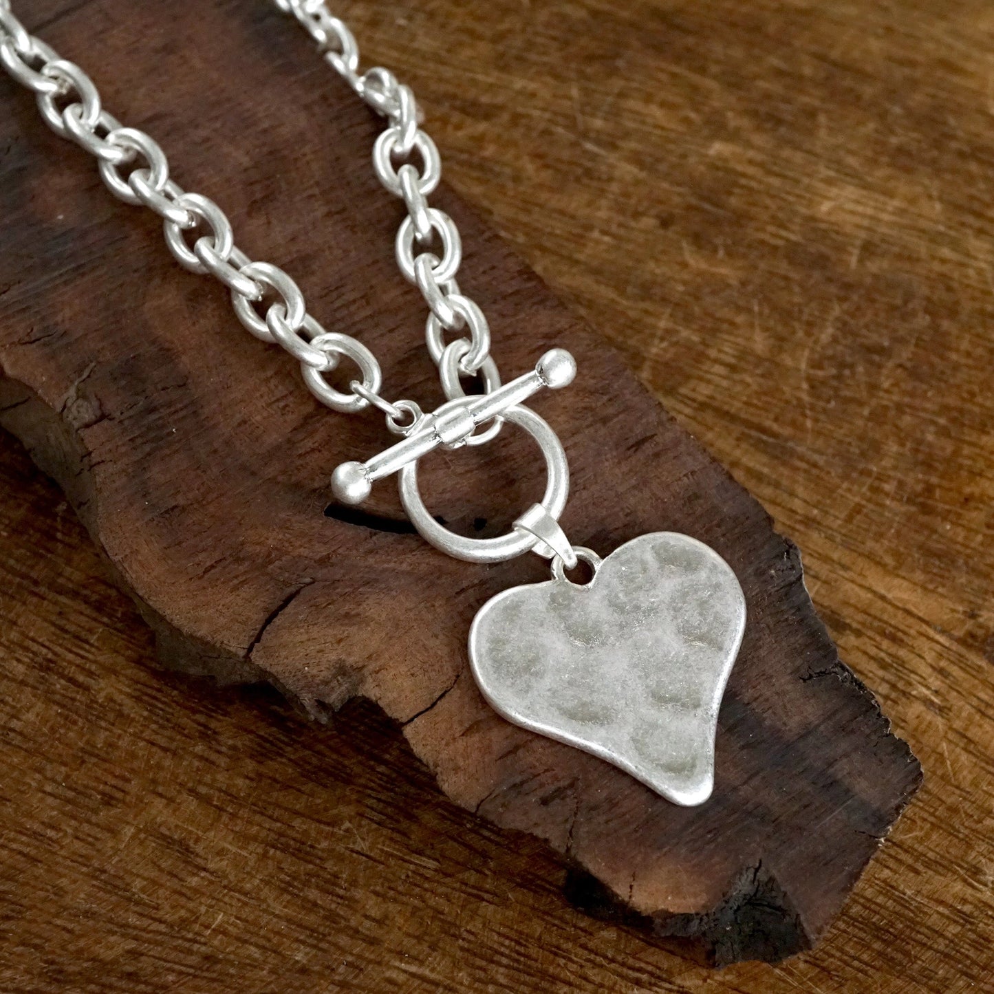 Boho Hammered Heart Front Toggle Necklace