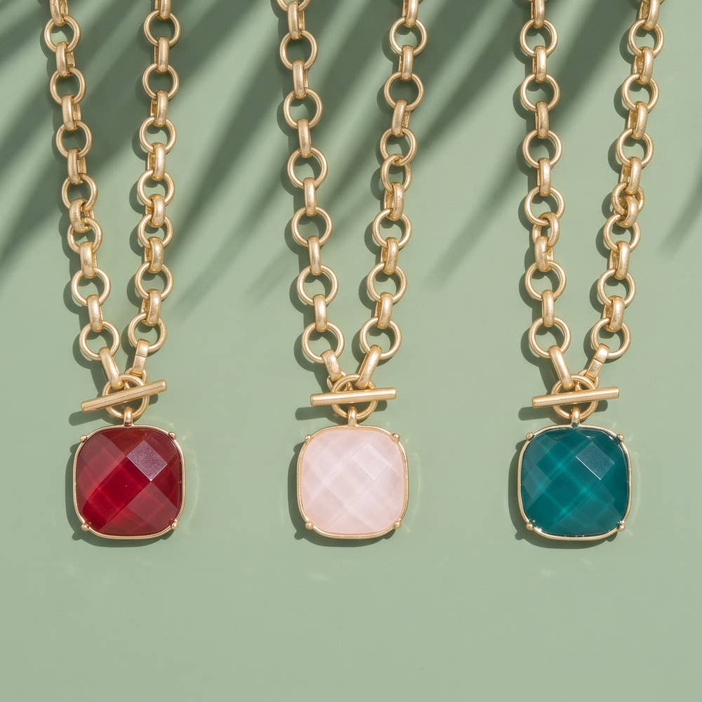 Matte Rolo Chain Toggle Stone Pendant Necklace