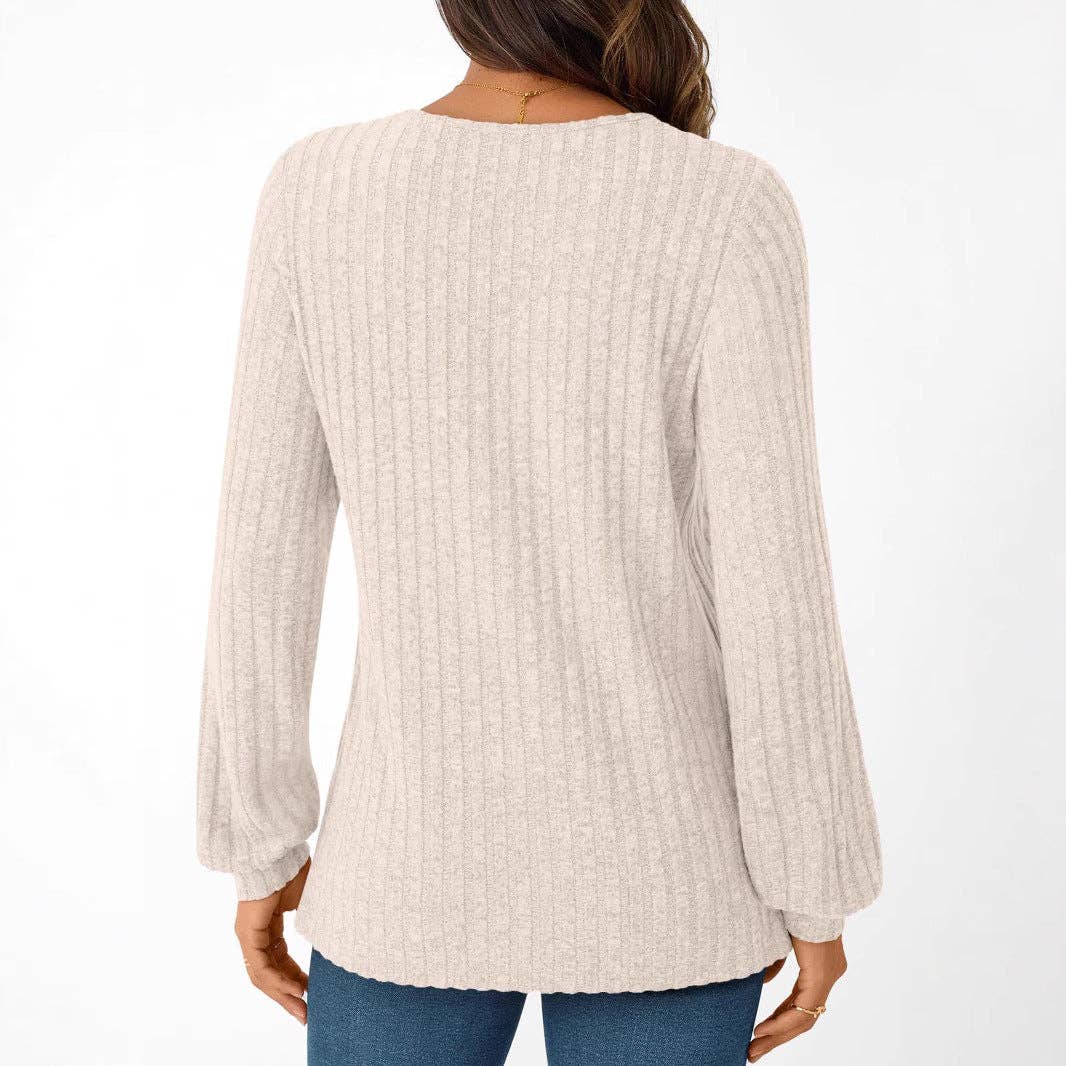 Suhkasana - Textured Rib Knit V-Neck Pullover Long Sleeve Top