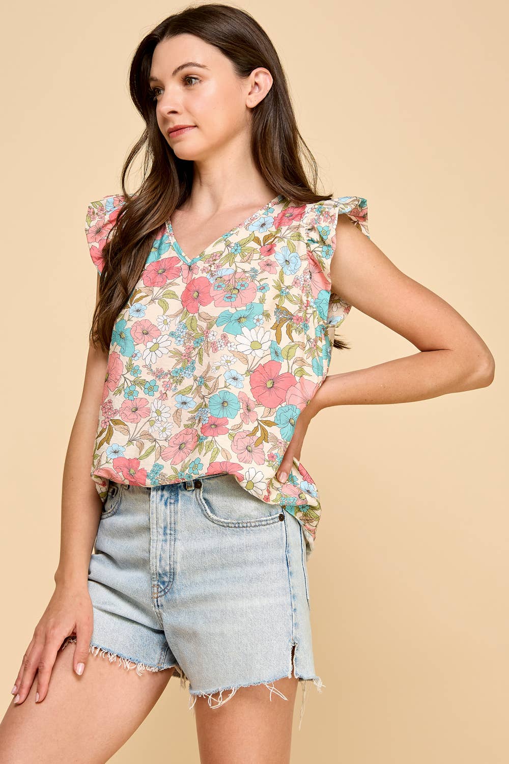 Floral Printed Top V Neck with Ruffled Sleeves
