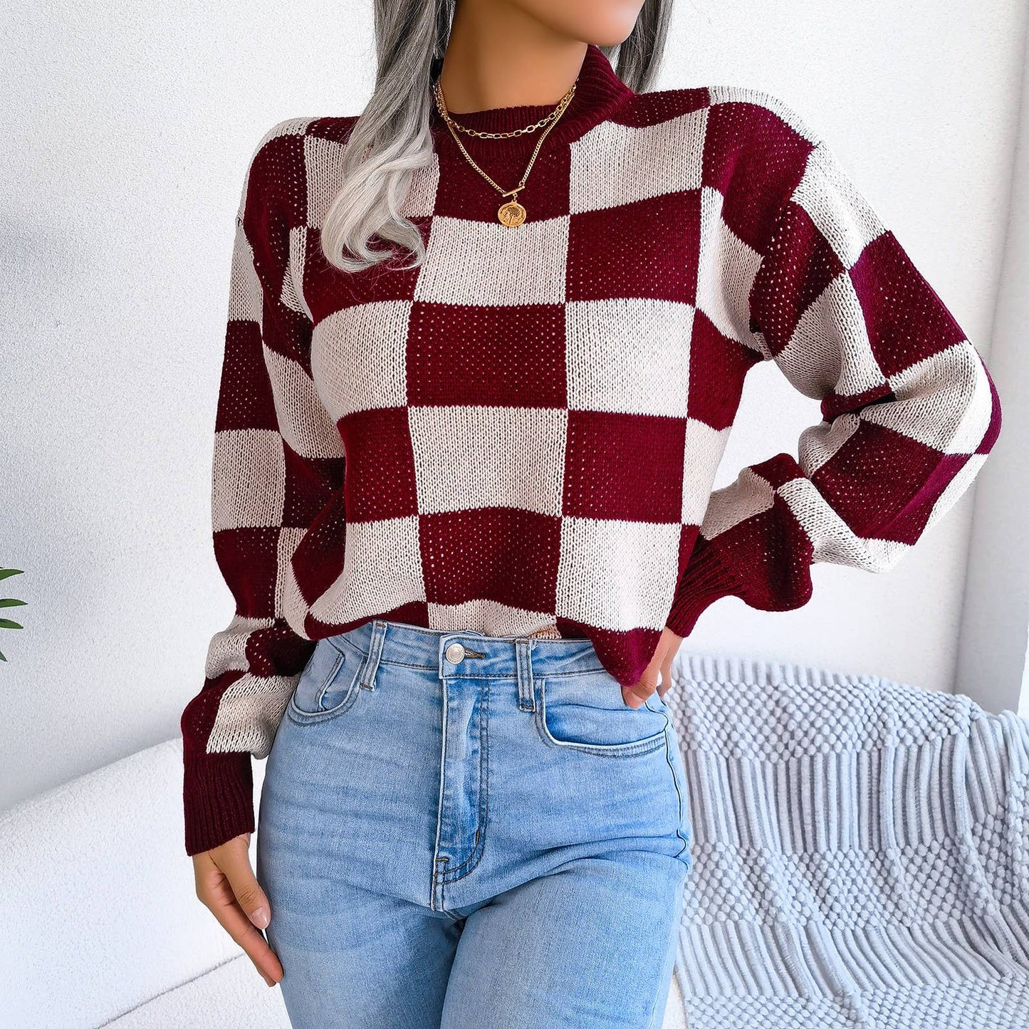 Hope & Sunshine - Colorblock Plaid Knit Sweater For Women