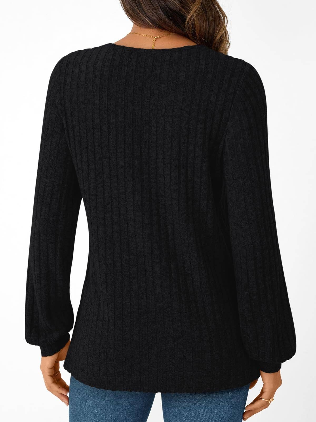 Suhkasana - Textured Rib Knit V-Neck Pullover Long Sleeve Top