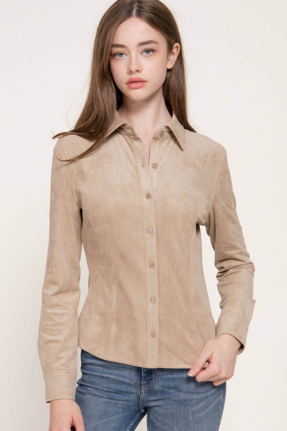 Active Basic | Active USA - Long Sleeve Button Down Stretch Faux Suede Shirt