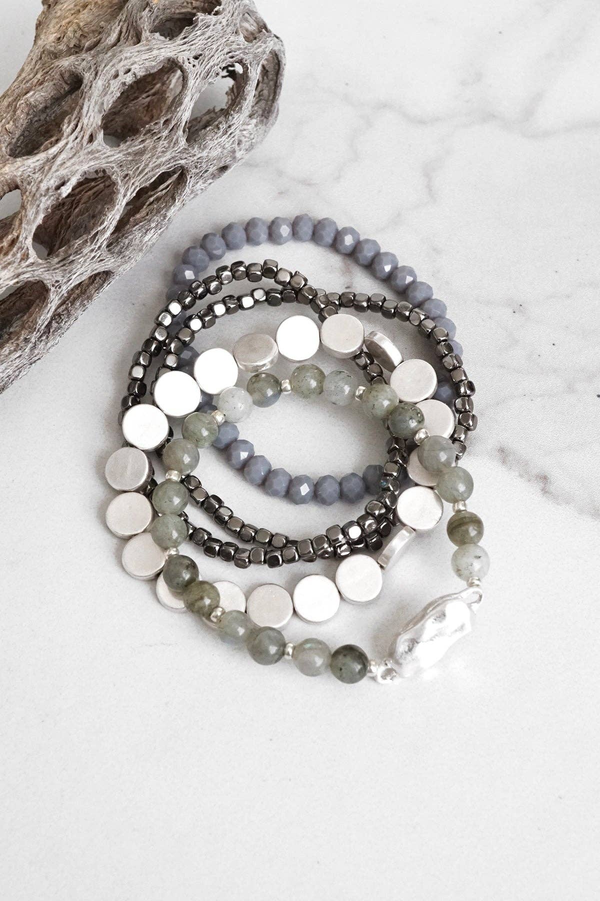 PennyLine inc - 5 piece Boho Beaded Bracelets Stack Semi Precious Metal Glass Beads Silver tone nugget flat beads