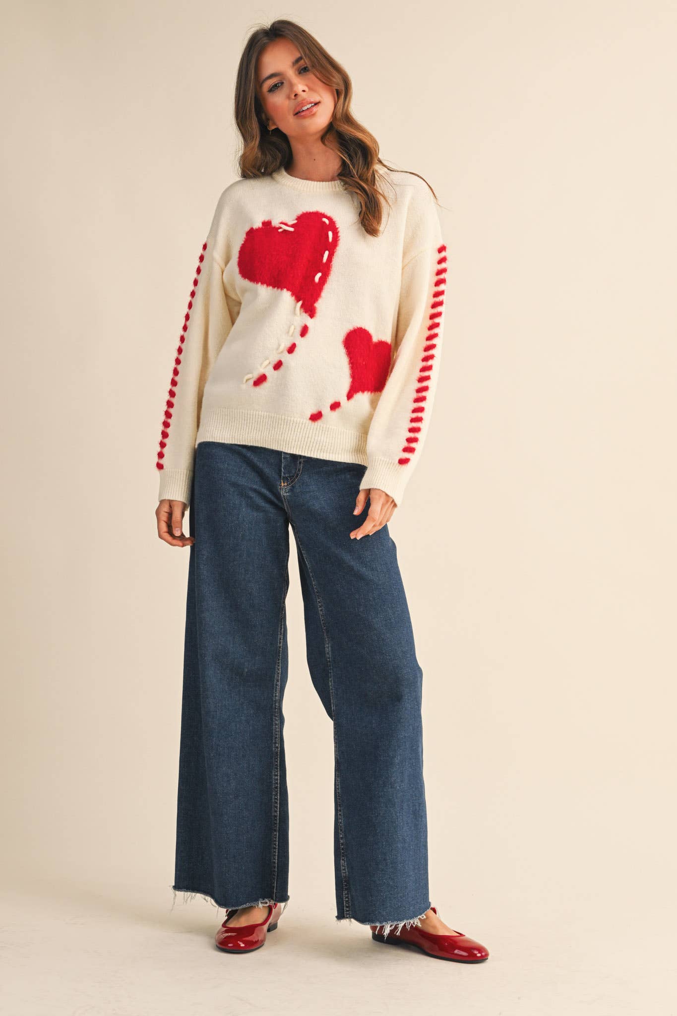 FUZZY HEART KNIT SWEATER WITH WHIP STITCH MSW10990