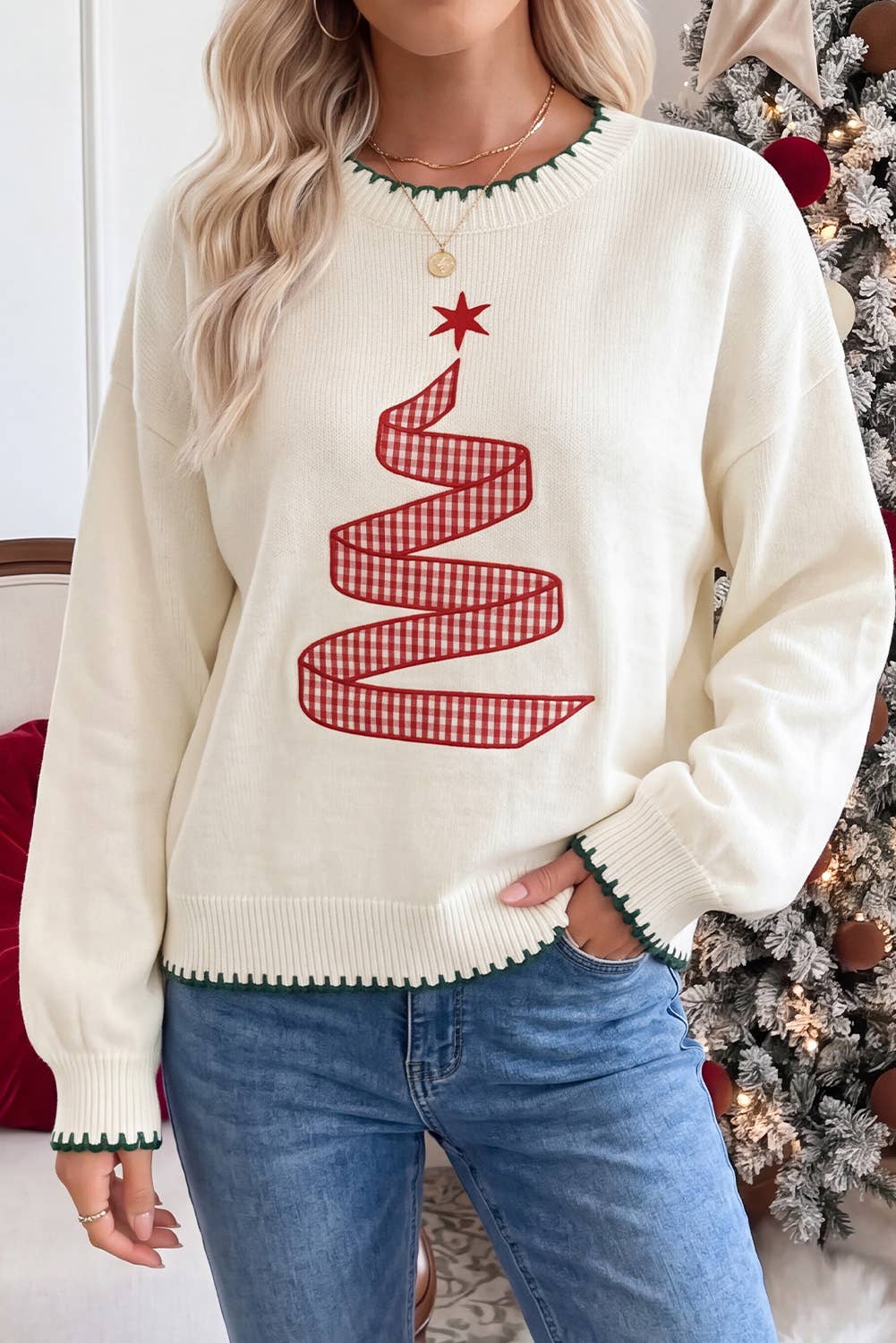 Stitched Detail Christmas Tree Holiday Casual Sweater