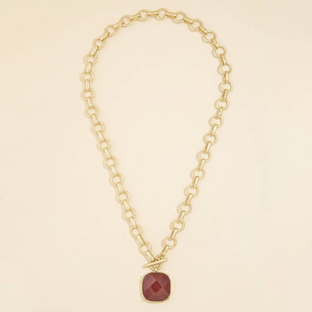 Matte Rolo Chain Toggle Stone Pendant Necklace
