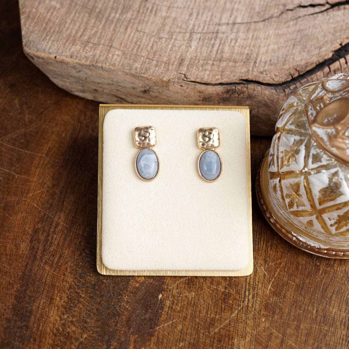 PennyLine inc - Quiet Gleam – Hammered Cabochon Stud Drop Earrings