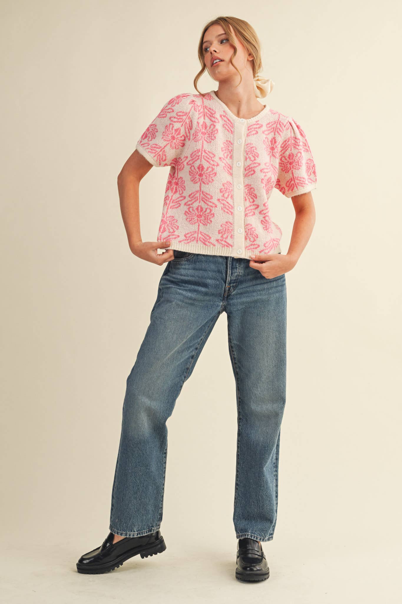 FLORAL KNIT SHORT PUFF SLEEVE SWEATER CARDIGAN MSW11215