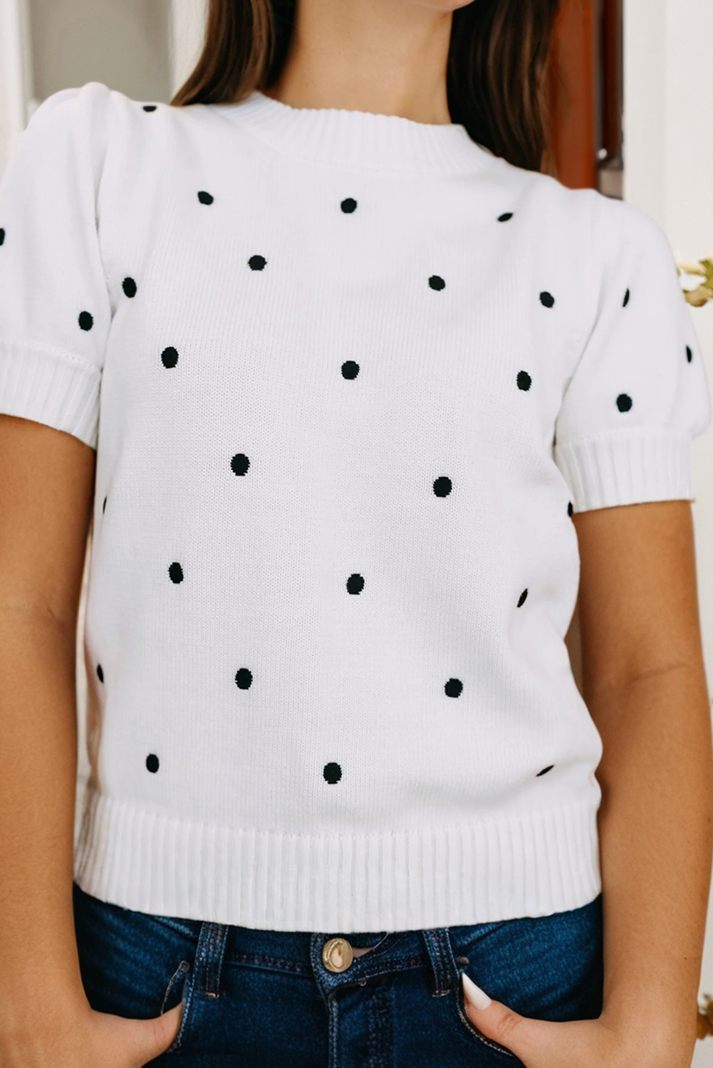 Little Daisy Closet - LDC Elegant Polka Dot Bubble Short Sleeve Sweater