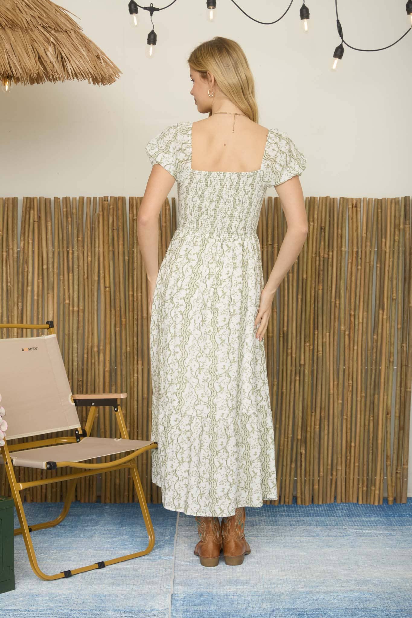 Wavy Floral Smocked Puff Sleeve Midi Dress