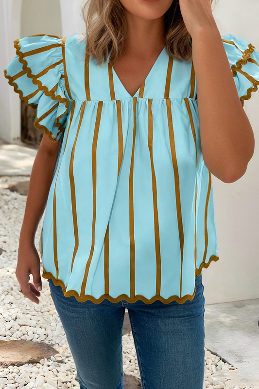 Ricrac Trim Double Ruffled Short Sleeve V Neck Stripe Blouse