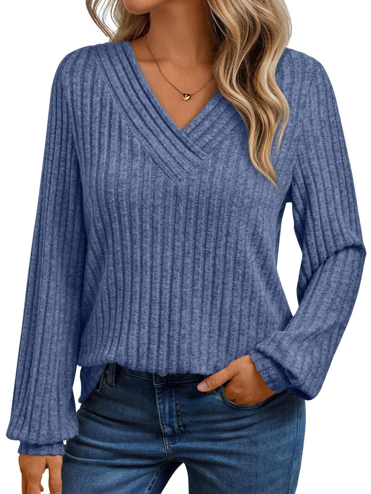 Suhkasana - Textured Rib Knit V-Neck Pullover Long Sleeve Top