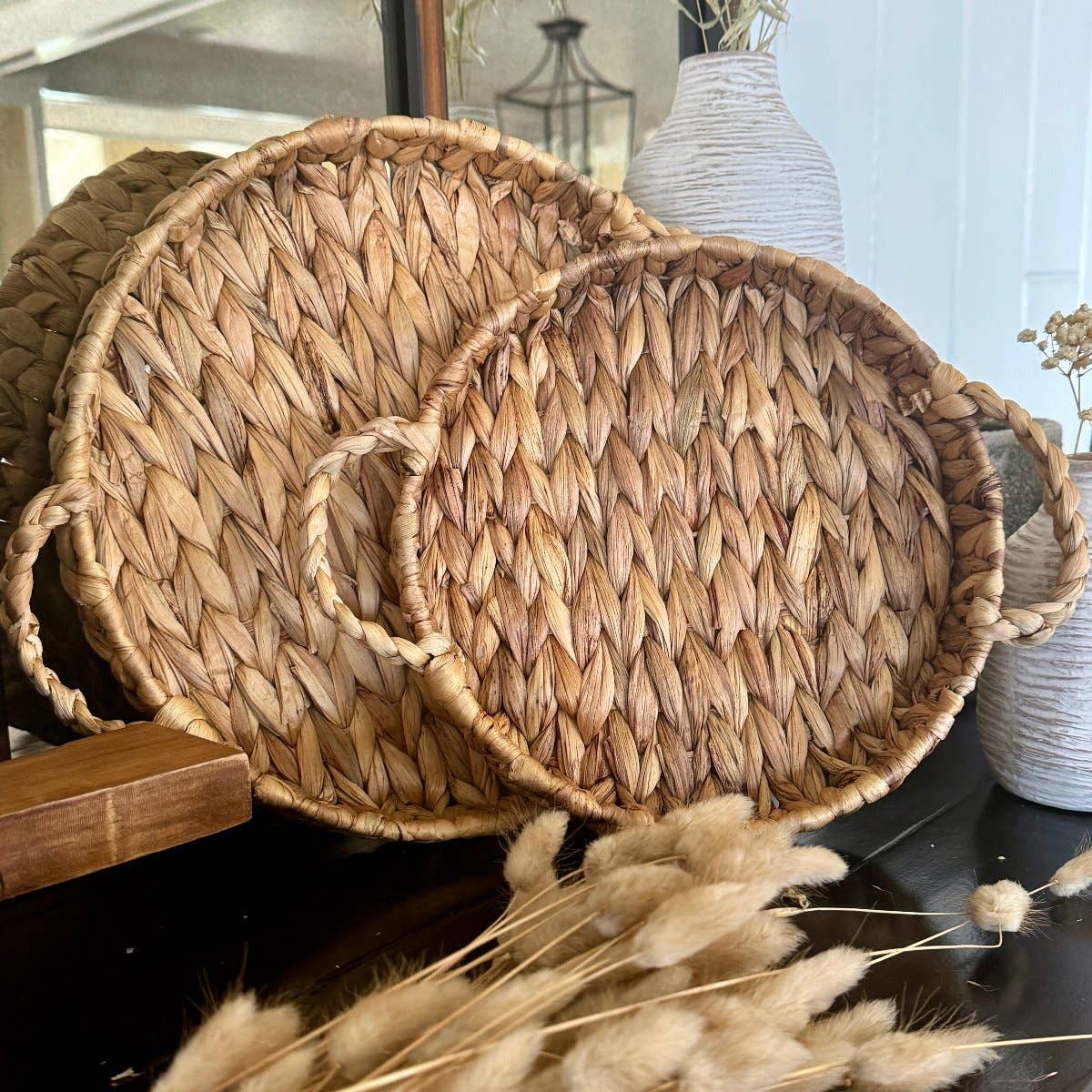 Collins Painting & Design - WG-1003 - Round Handled Water Hyacinth Trays, set of 2