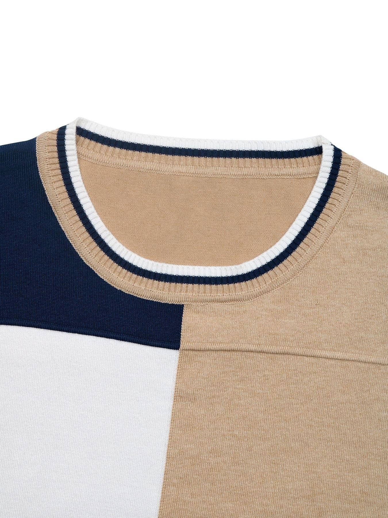 Suhkasana - Color Block Patchwork Crew Neck Long Sleeve Knit Top