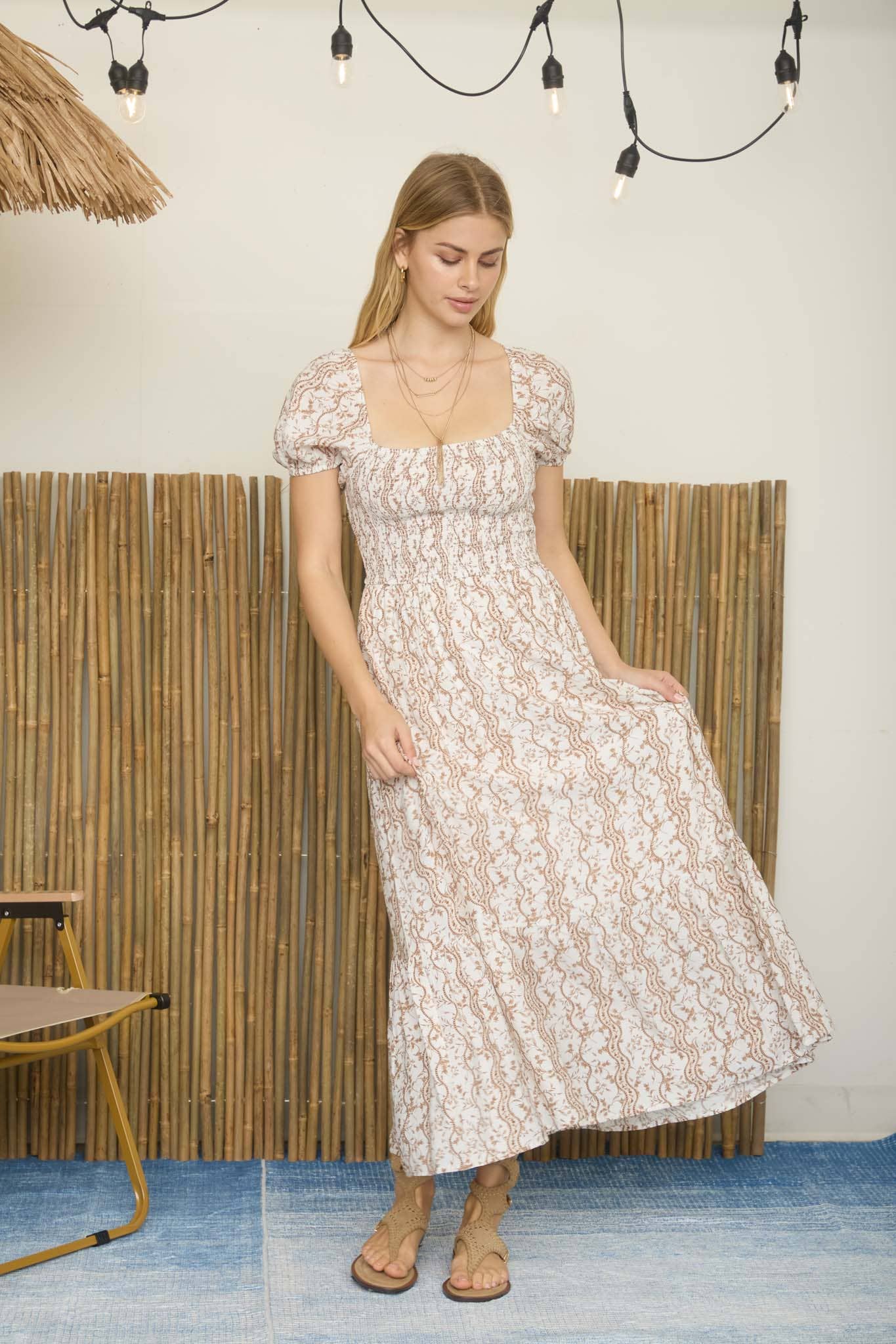 Wavy Floral Smocked Puff Sleeve Midi Dress