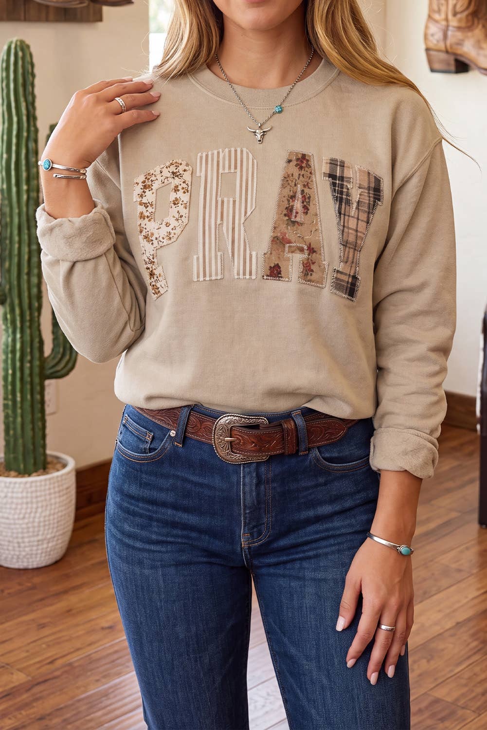 Striped PRAY Embroidered Patch Western Sweatshirt