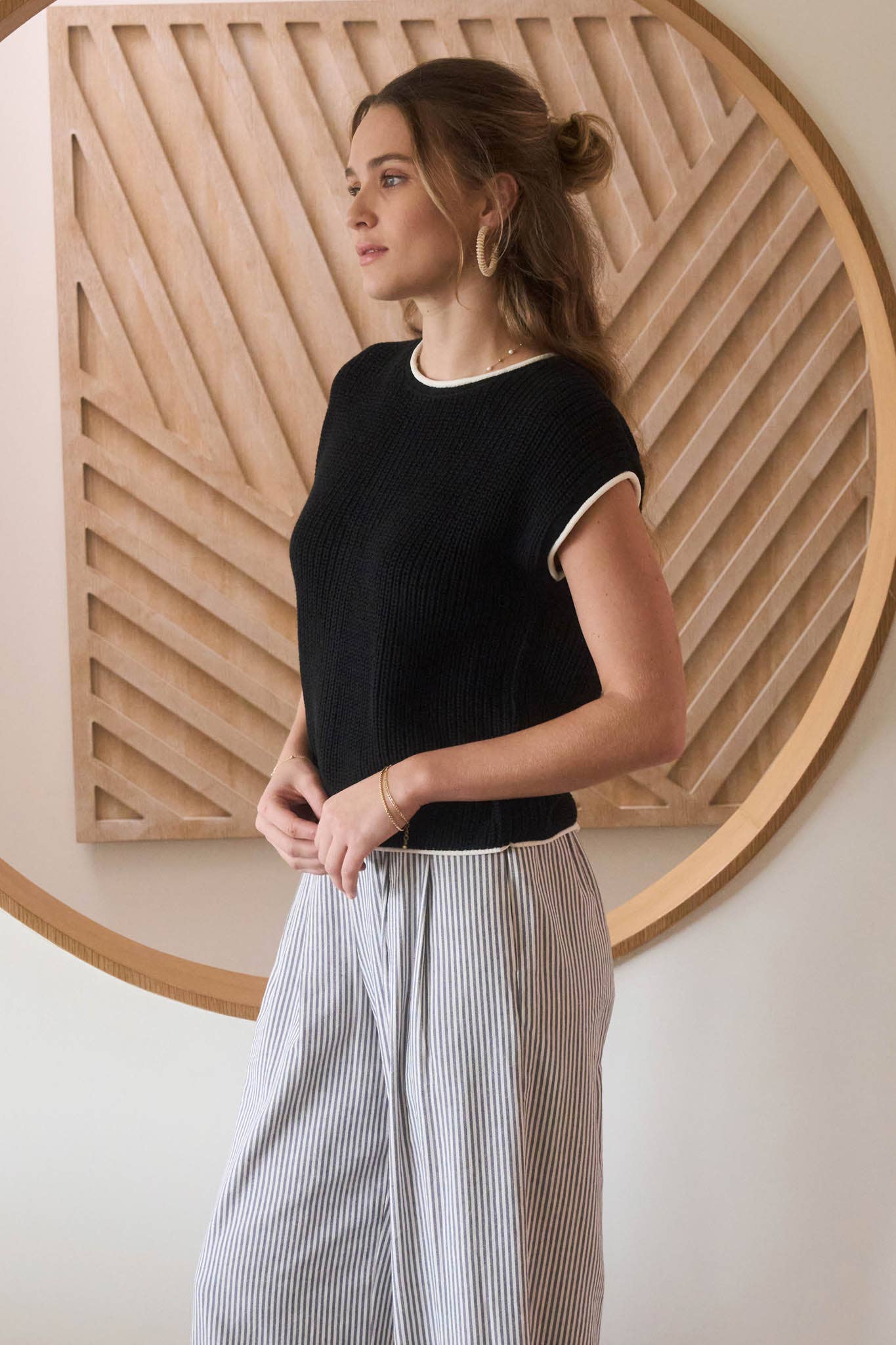 Contrast Trim SS Knit Sweater