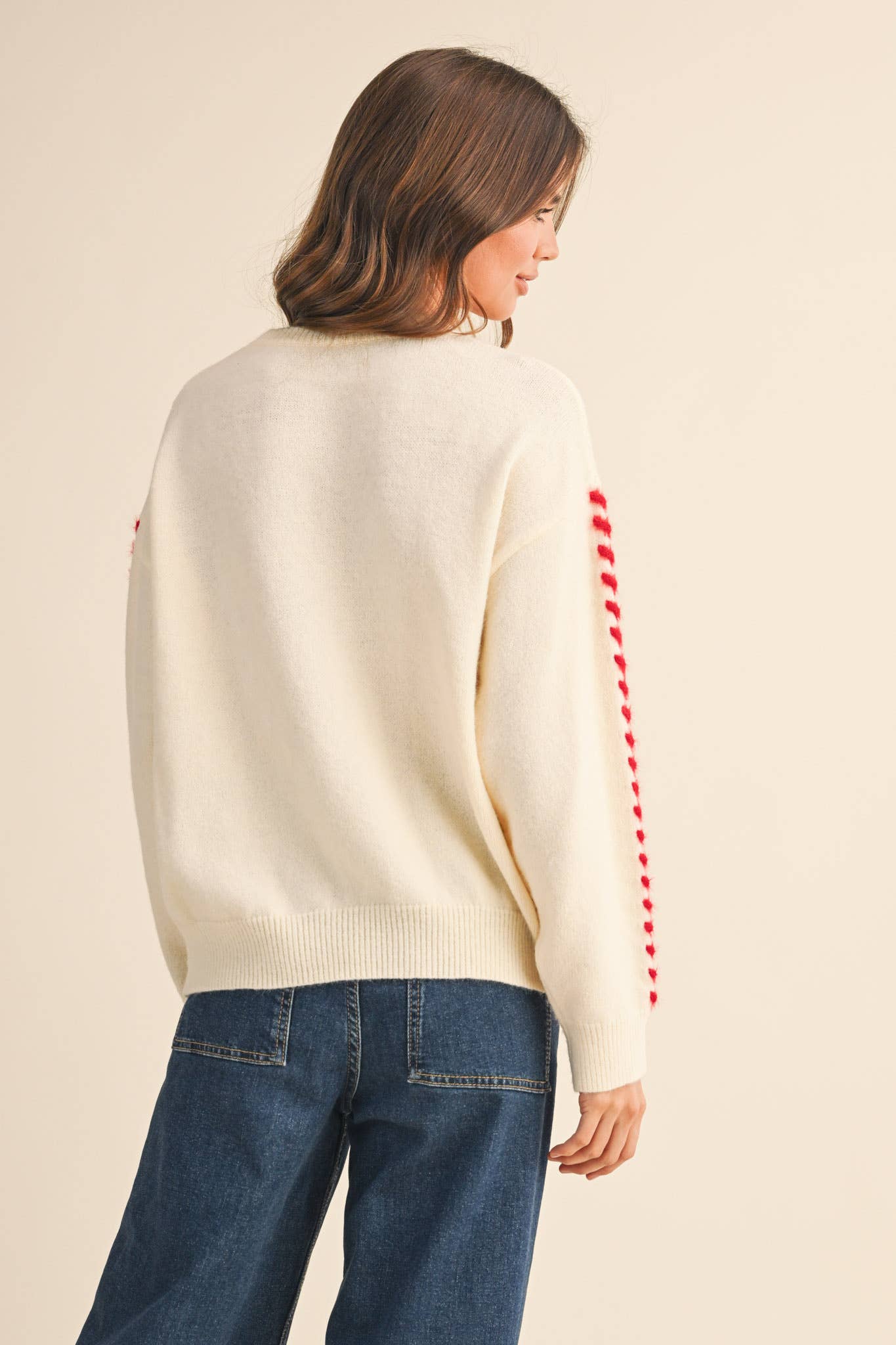 FUZZY HEART KNIT SWEATER WITH WHIP STITCH MSW10990