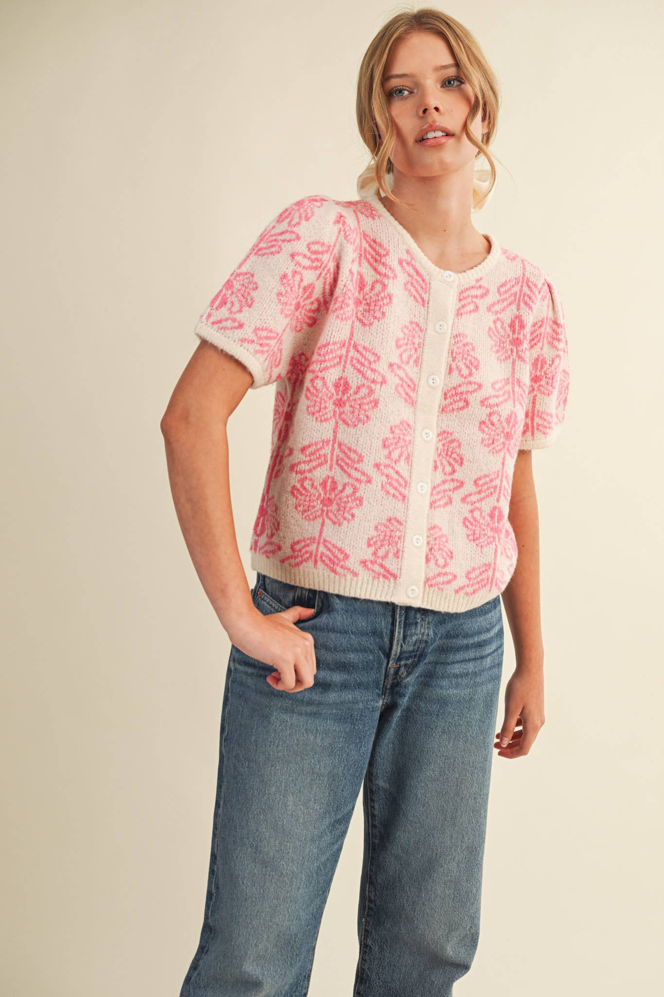 FLORAL KNIT SHORT PUFF SLEEVE SWEATER CARDIGAN MSW11215