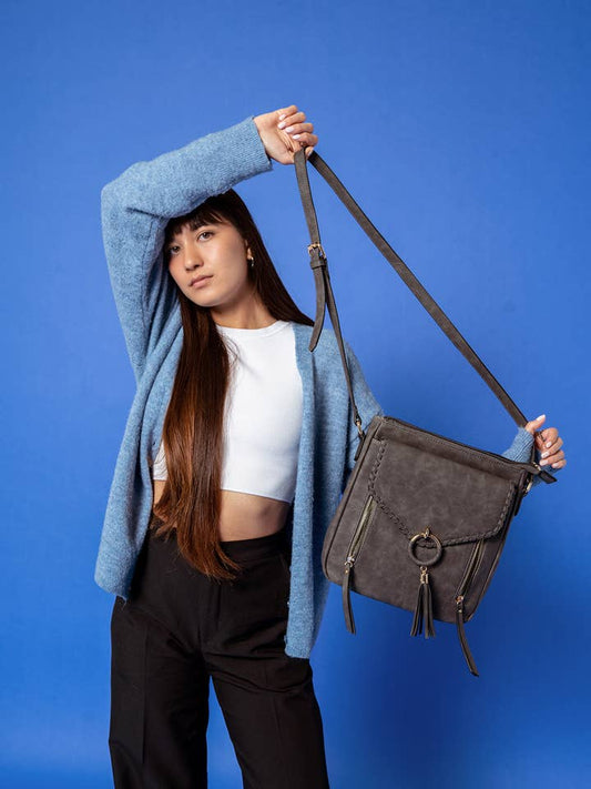 Jen & Co. - M2347 Layla Faux Suede Whipstitch Crossbody w/ Tassel
