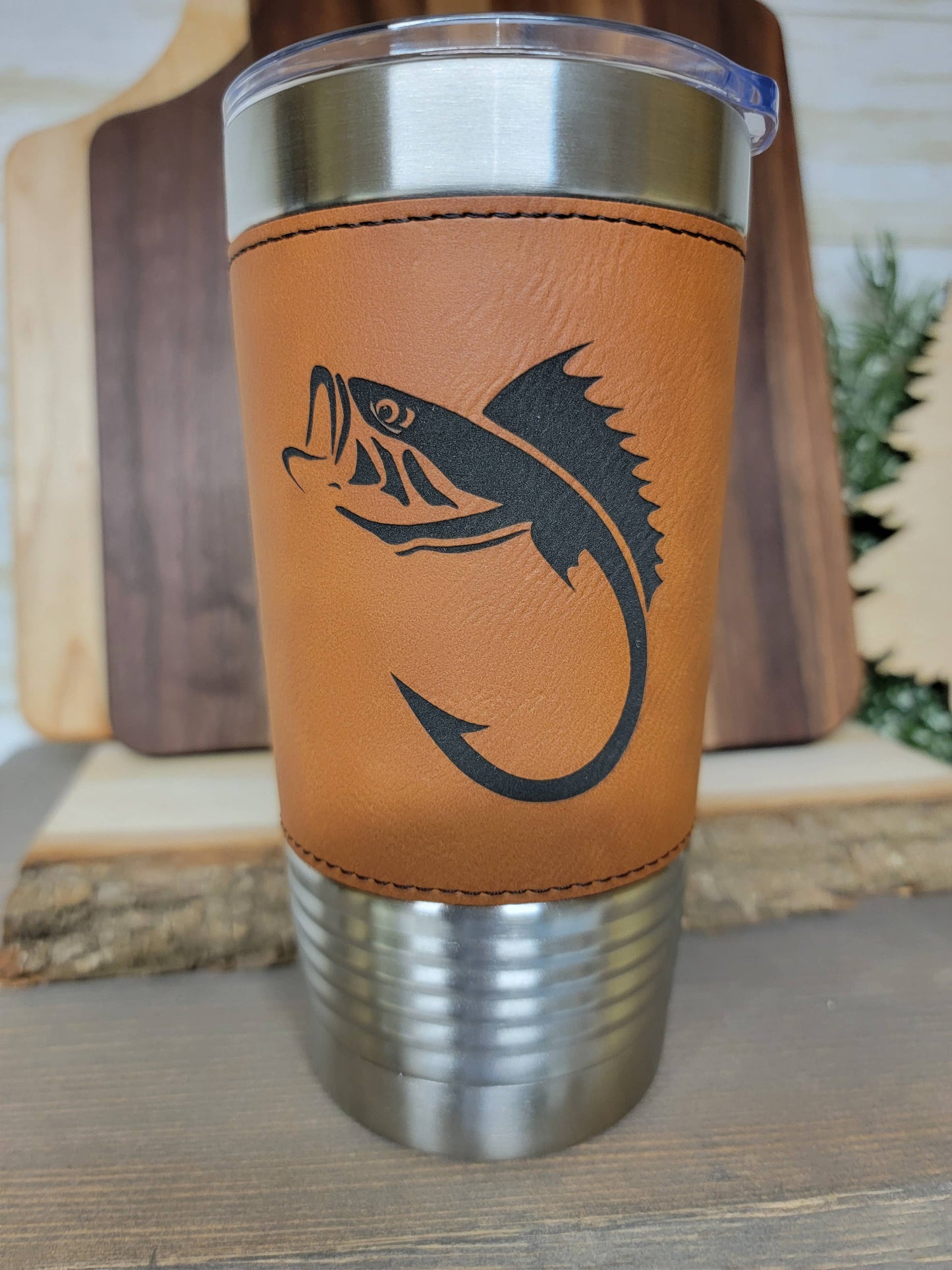 Fishing Leather Tumbler. Bass Fishing Engraved Cup.: Rawhide