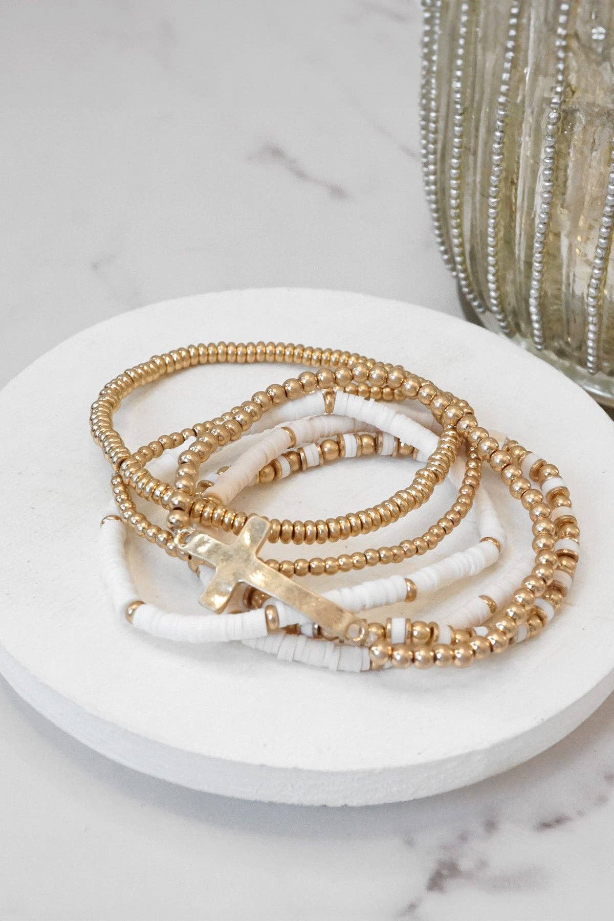 PennyLine inc - Minimal Sideways Cross Bracelet stack Clay and gold metal beads