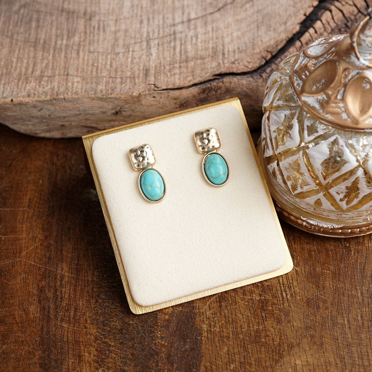 PennyLine inc - Quiet Gleam – Hammered Cabochon Stud Drop Earrings