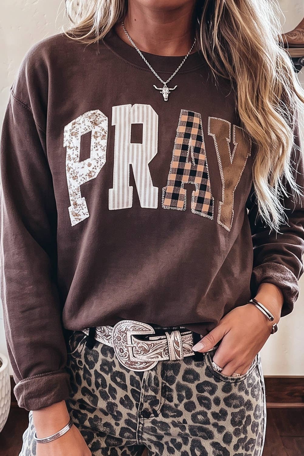 Striped PRAY Embroidered Patch Western Sweatshirt