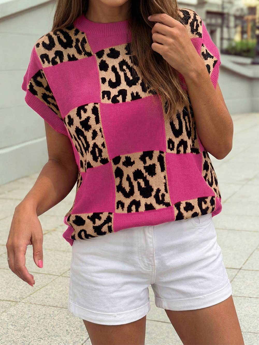 1 the Woman - Western Leopard Checkerboard Short Sleeve Knit Sweater |S-4X