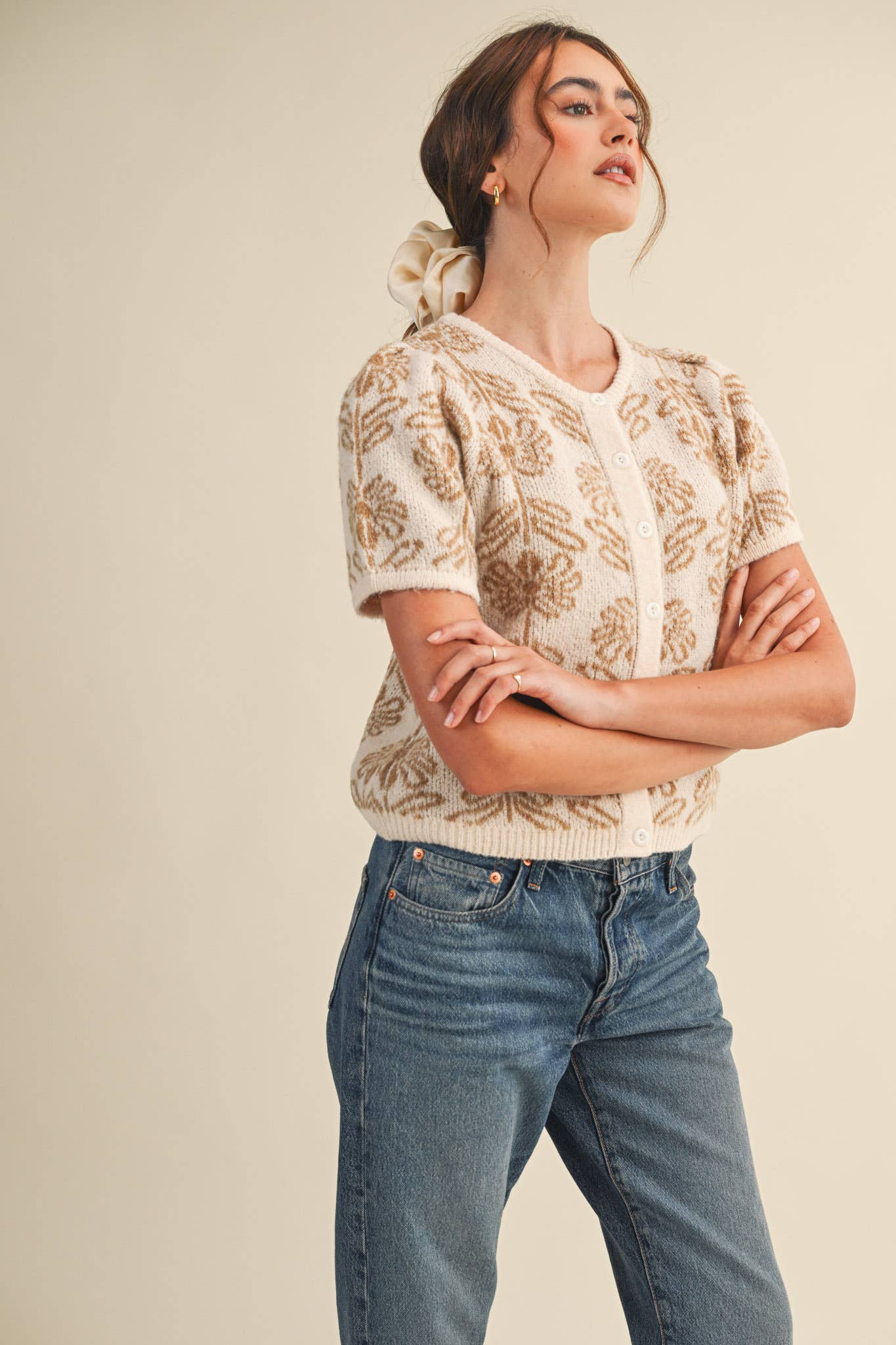 FLORAL KNIT SHORT PUFF SLEEVE SWEATER CARDIGAN MSW11215