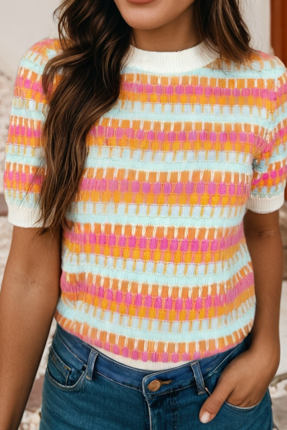 Multicolored Abstract Striped Short Sleeve Sweater